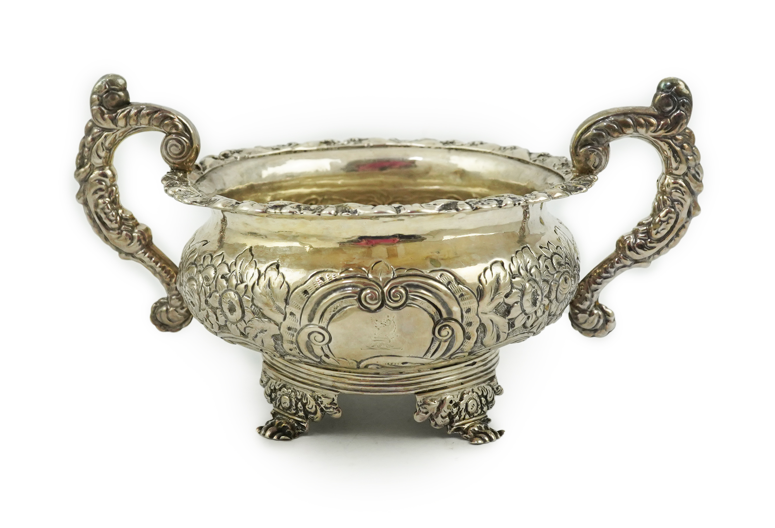 A George IV Irish embossed silver two handled sugar bowl, by James Scott